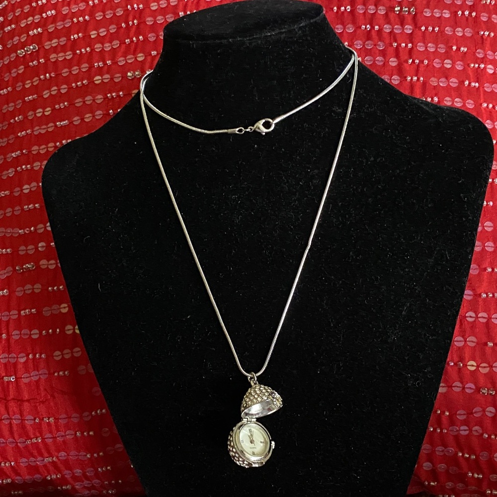 Vintage Quartz Watch With Pearl Face Inside Crystal Pendant Lobster Claw Chain